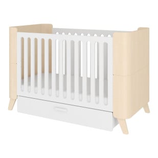 Lit bébé évolutif Nordik avec tiroir 70x140 cm blanc et hêtre