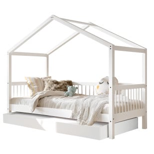 Lit cabane enfant blanc avec tiroir gigogne en hêtre massif Forrest par Vipack, disponible chez le Jurassien.