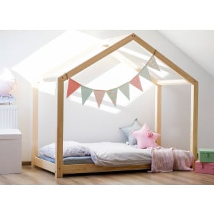 LIT CABANE pour Enfant avec Barrière Bois Naturel BELL - Skandi Lit Cabane