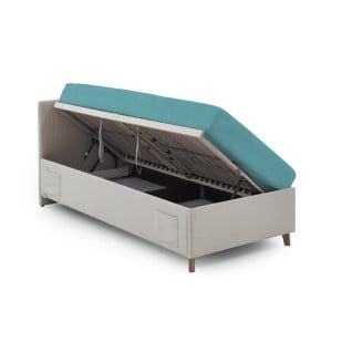Lit enfant avec coffre de rangement intégré et revêtement matelassé beige