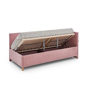 Lit fille 90x200 avec rangement intégré – tissu rose doux et design moderne