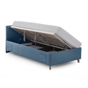 Lit coffre 140x200 Meise Möbel en tissu bleu avec sommier relevé – style moderne et pratique