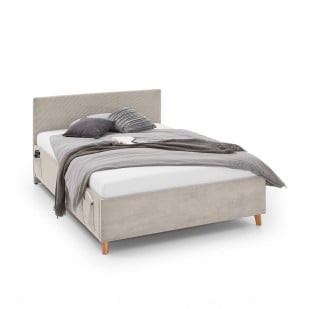 Lit 120x200 Meise Cool en tissu côtelé beige avec rangements latéraux et ports USB