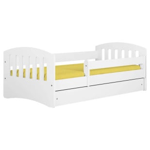 Lit enfant 80x180 cm blanc avec protection latérale et rangement coulissant, idéal pour une chambre moderne et sécurisée.