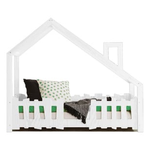 Lit Enfant Avec Barrière En Forme De Cabane Blanc En Pin Massif