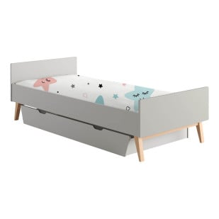 Lit enfant gris taupe et bois naturel 90x200 avec tiroir de rangement – Collection Swing de Pinio
