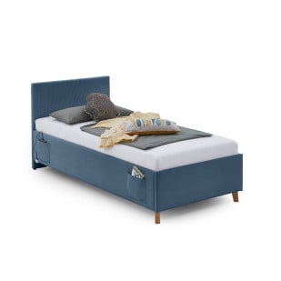 Lit 1 place 90x200 Meise Cool en tissu côtelé bleu avec ports USB et poches latérales