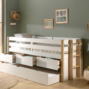 Lit surélevé Magrit bois naturel et blanc avec tiroirs MGCO91RB24
