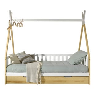 Lit Tipi enfant NAKANA avec barrière de sécurité - bois massif - naturel  vernis - 90 x 190 cm