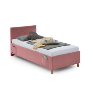 Lit 90x200 Meise Cool en tissu côtelé rose avec ports USB et poches de rangement