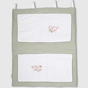 Organisateur de lit bébé Birds avec broderie de petits oiseaux sur fond vert clair et blanc - Pony design.