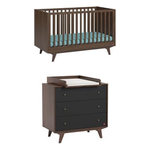Pack chambre bébé avec lit et commode à langer | Noir & Noyer | Mid Vox