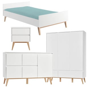 Pack chambre ado Swing Pinio blanc : lit 120x200, chevet, commode large, armoire 3 portes