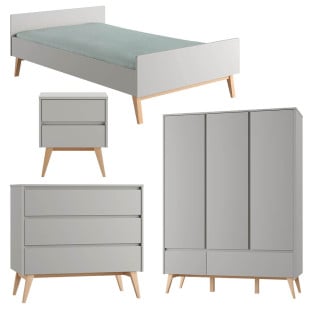 Pack chambre ado Swing grise avec lit 120x200, chevet, commode 3 tiroirs et armoire 3 portes