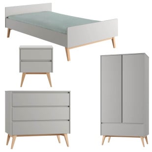 Pack chambre adolescent Swing gris avec lit 120x200, chevet, commode 3 tiroirs et armoire 2 portes en bois clair et gris mat