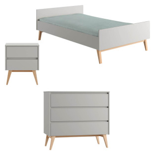 Pack chambre ado Swing grise – lit 120x200 avec chevet et commode assortis au design scandinave