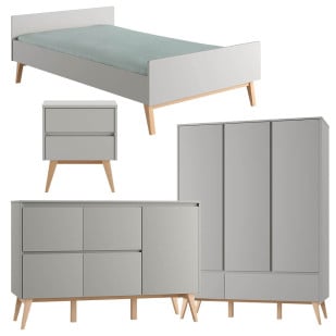 Pack chambre adolescent Swing grise comprenant un lit 120x200 cm, un chevet deux tiroirs, une large commode et une armoire 3 portes avec tiroirs inférieurs