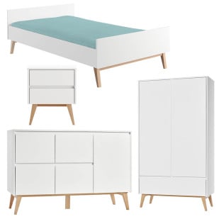 Chambre complète pour enfant ou adolescent style scandinave de la série Swing blanc et bois naturel de Pinio