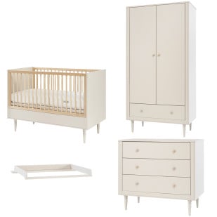 Pack Trio chambre bébé Petite Lune Pinio, champagne, lit 60x120, commode à langer et armoire 2 portes, design scandinave
