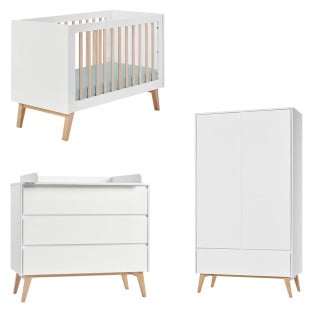 Pack chambre bébé Swing blanc et bois Pinio : lit 60x120, commode à langer, armoire 2 portes