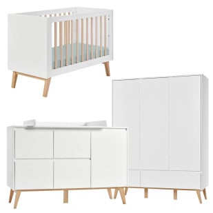 Pack chambre bébé Pinio Swing blanche et bois naturel : lit bébé 60x120, commode 4 tiroirs avec placard 1 porte, armoire 3 portes design scandinave épuré, durable et fonctionnel