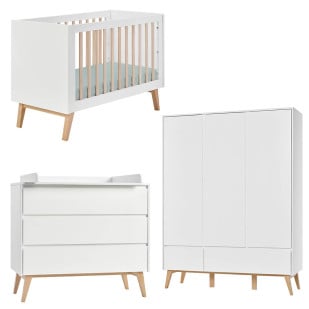 Pack chambre bébé Swing Pinio en bois et blanc comprenant lit bébé 60x120 cm, commode à langer 3 tiroirs et armoire 3 portes