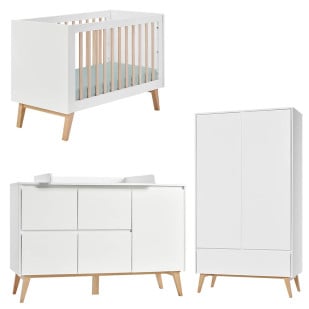 Pack chambre bébé Swing Pinio blanc et bois naturel : lit bébé 60x120, commode à langer spacieuse, armoire 2 portes design scandinave durable