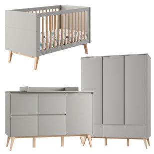 Pack chambre bébé complète évolutive Swing Pinio gris taupe et bois : lit 70x140, commode à langer spacieuse et armoire 3 portes style scandinave