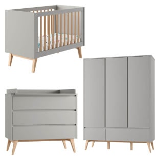 Pack chambre bébé complète Swing gris taupe de Pinio : lit 60x120, commode à langer et grande armoire 3 portes
