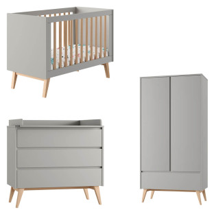 Pack Trio chambre bébé Swing gris taupe de Pinio avec lit 60x120, commode à langer et armoire 2 portes