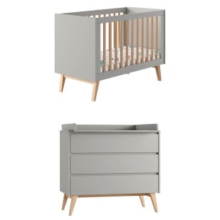 Pack chambre bébé collection Swing de Pinio comprenant un lit 60x120 cm et une commode à langer en bois massif et gris taupe