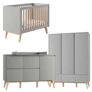 Pack mobilier chambre bébé Swing grise complet : lit 60x120 cm, commode à langer 4 tiroirs et armoire 3 portes avec tiroirs bas