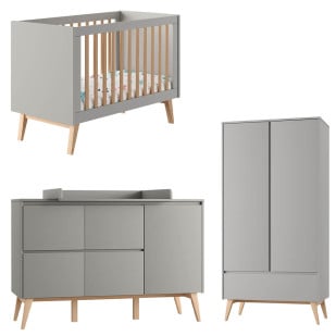 Pack chambre bébé Swing complète avec lit 60x120, commode à langer large et armoire 2 portes en bois gris taupe