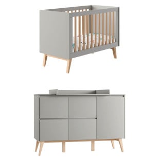 Pack chambre bébé gris taupe Swing de Pinio avec lit 60x120 cm et large meuble à langer large en bois massif