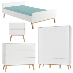 Chambre enfant complète Swing Pinio en bois blanc : lit 120x200, table de chevet, commode, armoire 3 portes