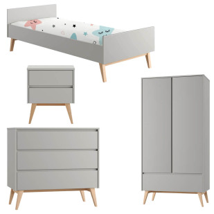 Pack chambre enfant complète Swing gris et bois – lit 90x200, table de chevet, commode 3 tiroirs et armoire 2 portes, style scandinave