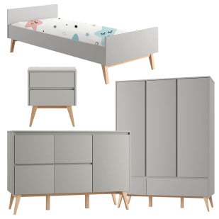 Pack chambre enfant Swing gris : lit 90x200 cm, table de chevet, grande commode et armoire 3 portes – mobilier scandinave élégant et fonctionnel