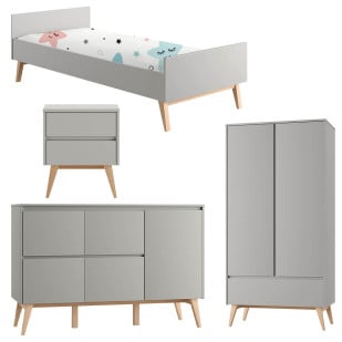 Pack chambre enfant Swing gris et bois – lit 90x200, chevet, grande commode et armoire 2 portes au design scandinave