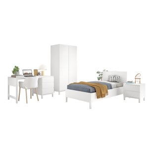 Pack lit enfant + chevet + armoire 2 portes + bureau Eva blanc