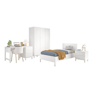 Chambre enfant complète EVA blanche avec lit 90x200 cm, chevet, armoire 3 portes, bureau et caisson à tiroirs – mobilier design et épuré pour un espace de sommeil et de travail harmonieux.