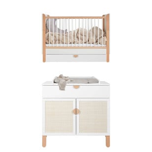 Pack DUO chambre bébé évolutive avec cannage en rotin blanche et bois Ratata