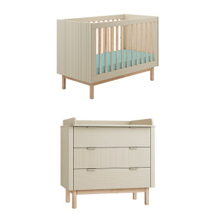 Pack Duo chambre bébé Miloo coloris champagne comprenant un lit bébé 60x120 cm et une commode à langer Pinio, mobilier assorti pour chambre d’enfant moderne et fonctionnelle