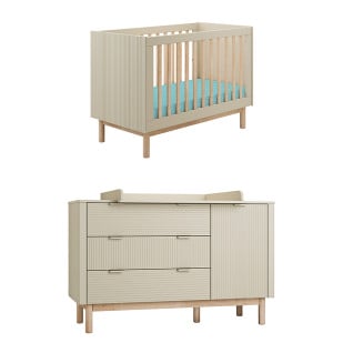 Pack chambre bébé évolutive Miloo Pinio avec lit 60x120 et large commode à langer coloris champagne et bois
