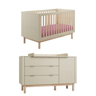 Pack chambre bébé Miloo Pinio champagne avec lit évolutif 70x140 et grande commode à langer