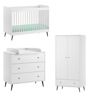 Chambre bébé complète Blanca blanche et noir en mélamine et bois, style classique, avec lit 60x120, commode à langer et armoire Vox. Jurassien