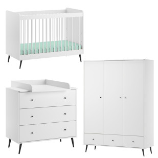 Chambre bébé complète Blanca, lit 60x120, commode et armoire 3 portes, style contemporain blanc et noir, Vox chez Le Jurassien