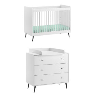 Duo lit bébé 60x120 et commode à langer Blanca Vox en bois blanc, design moderne et minimaliste, disponible chez Jurassien.