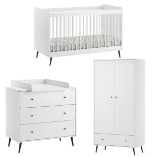 Chambre bébé Blanca évolutive Vox : lit, commode et armoire, style scandinave, blanc et noir, mélamine et bois. Disponible chez Jurassien.