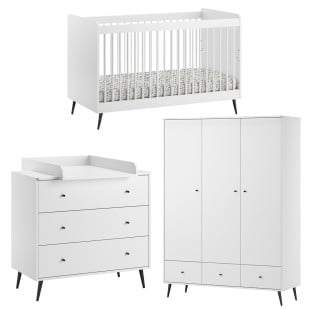 Pack chambre bébé Blanca évolutive, Vox Meuble, blanc et noir en mélamine et bois massif. Disponible chez le Jurassien. Design scandinave moderne
