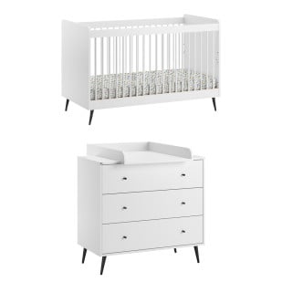 Lit évolutif et commode à langer Vox Blanca, blanc en bois mélaminé, style moderne blanc et noir, disponible chez Jurassien.